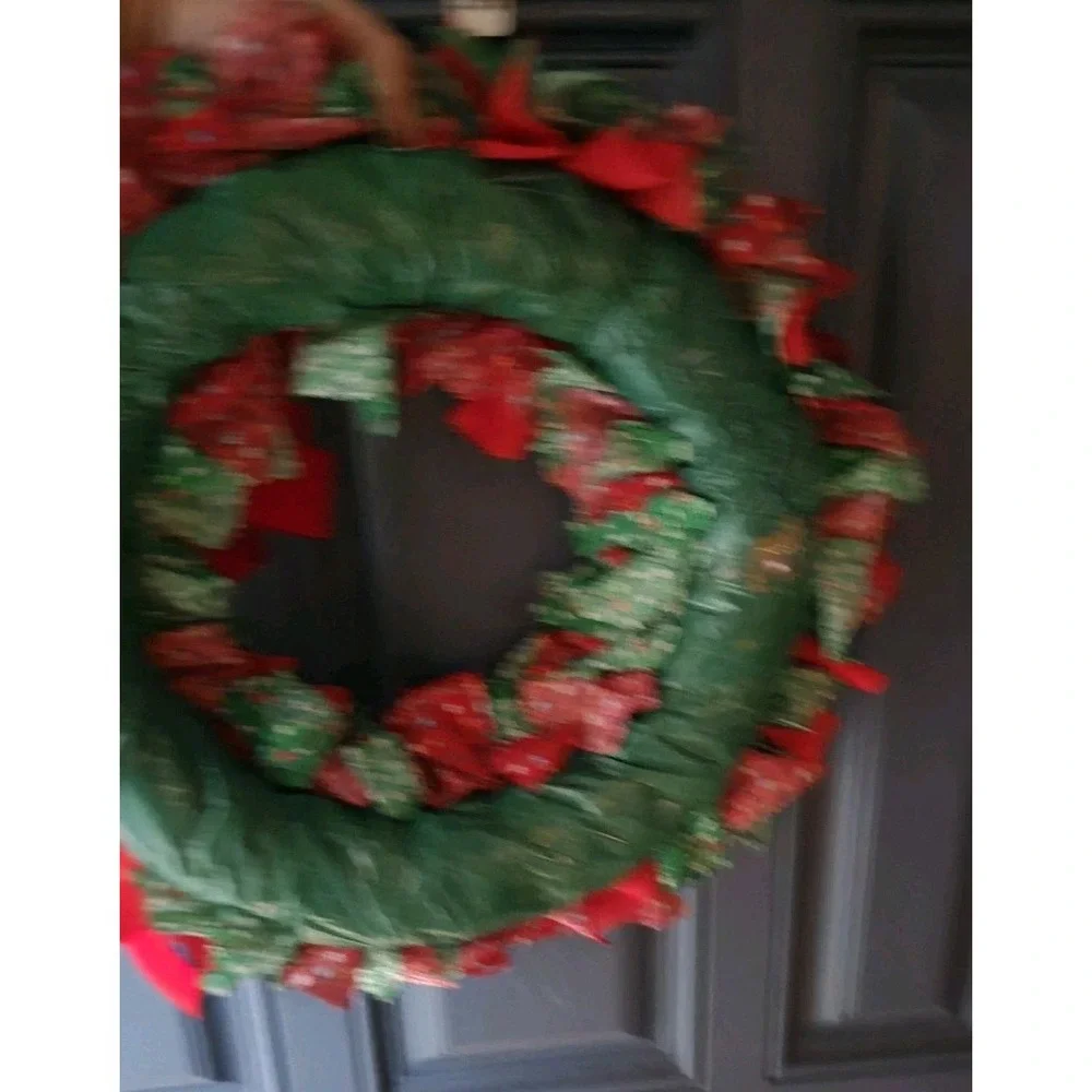 Handmade Christmas Rag Tie Wreath Red Green Fabric strips 16